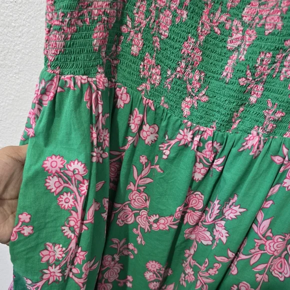 J. Crew Factory Smocked Midi Dress Floral Green/ Pink Puff Short Sleeves Size M - Picture 4 of 13
